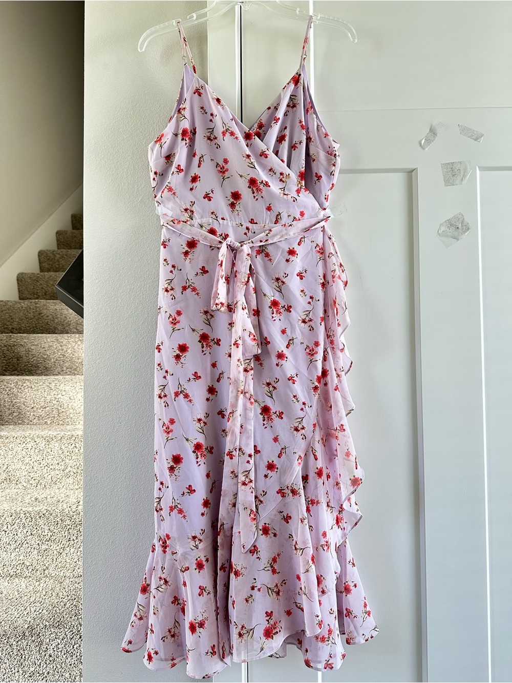 Lulu's Lilac Floral Wrap Midi Dress with Coral-Red Flowers size L